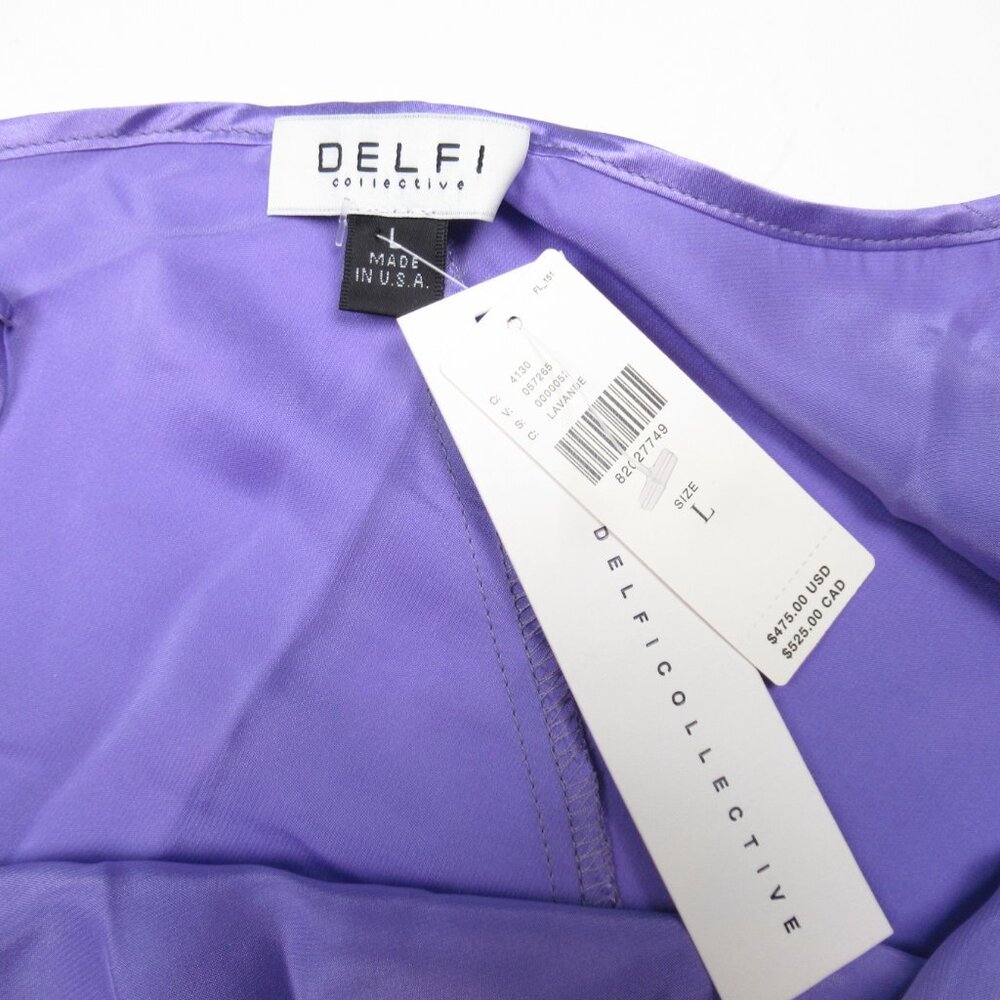 Delfi Collective 100% Silk Cristina Asymmetrical Fringe Dress Lavender Purple L - Picture 9 of 10